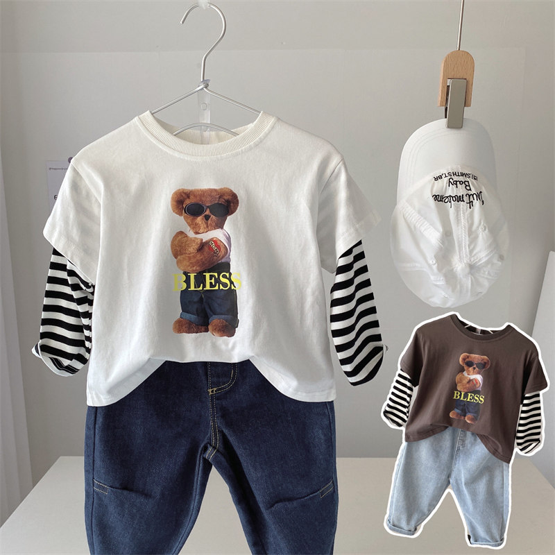Autumn boys cotton bear fake two long sleeve T-shirt children's round neck spring and autumn base shirt baby coat autumn clothes