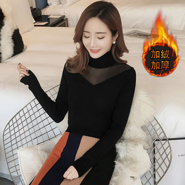 Autumn and winter velvet turtleneck mesh bottoming shirt for women, versatile slim fit T-shirt with warm inner layer 2023 new long-sleeved top