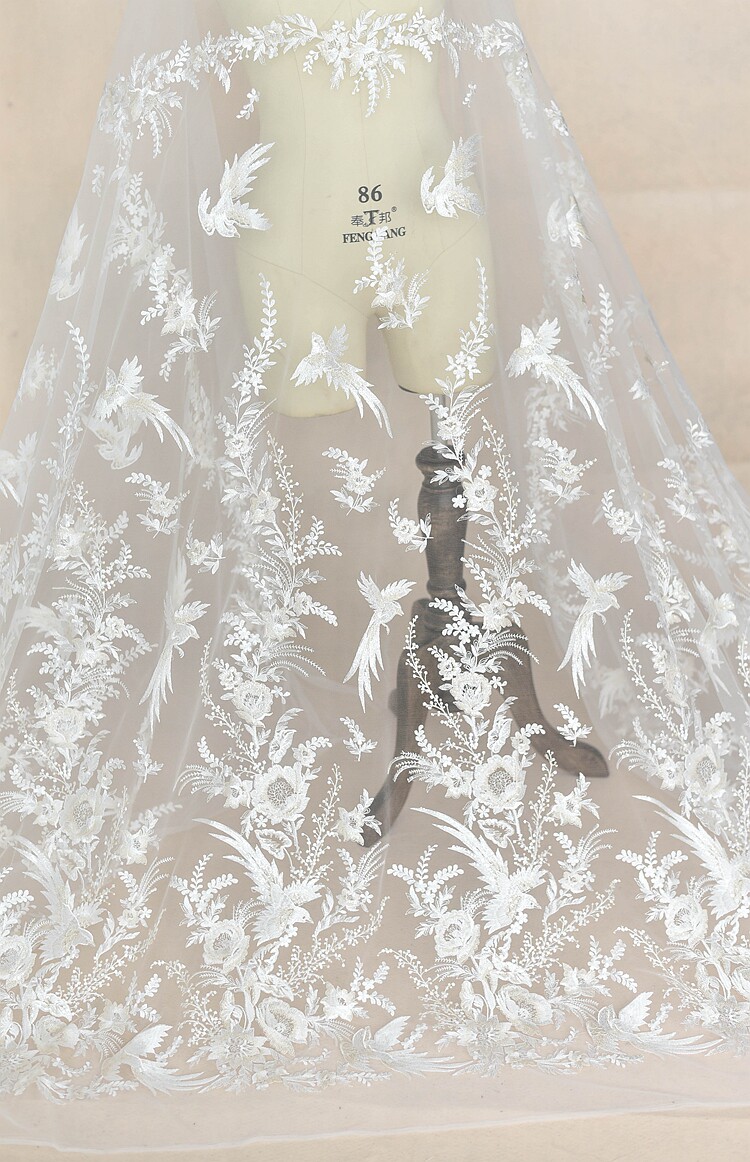 Schöner Blumen vogel Besticktes Spitzens toff, Romantische Hochzeits pailletten, DIY-Kleid, Hochwertig, RS1639 – Detail 4