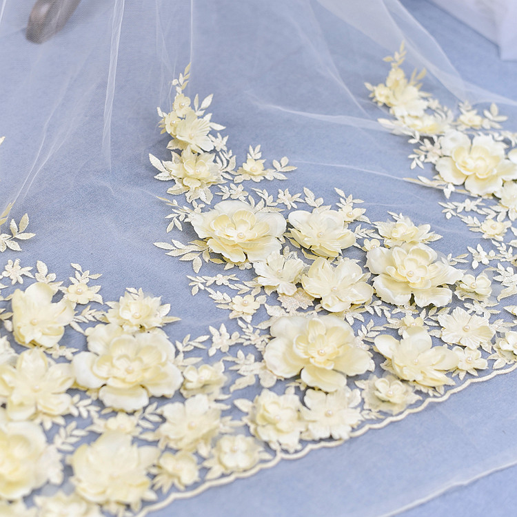 Elfenbein weißes Brautkleid Spitze Stoff, 3D Chiffon Blumen, Nagel Satin Bead, Europäische Spitze Stoff, RS583 – Detail 11