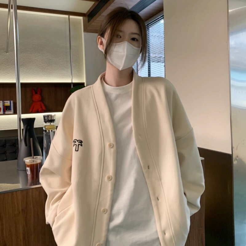 Minimalist Embroidered Cardigan Baseball Jacket for Women, Spring and Autumn, Lazy Loose Casual Thin Sweatshirt Outerwear Minimalist Embroidered Cardigan Baseball Jacket for Women, Spring and Autumn, Lazy Loose Casual Thin Sweatshirt Outerwear