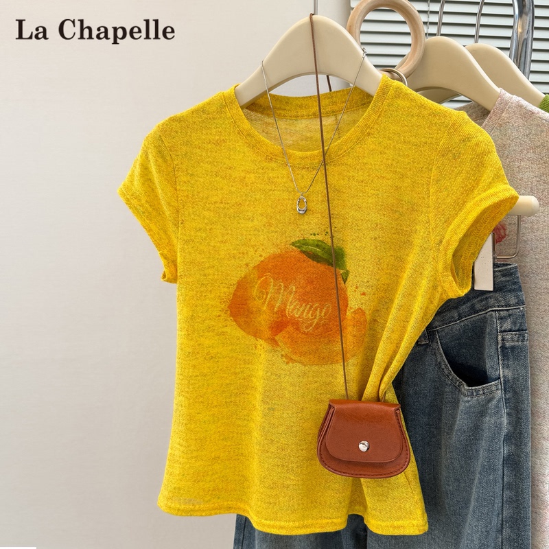La Chapelle Yellow Dopamine Short-Sleeve T-Shirt for Women, Summer Slim-Fit Fruit Print Regular Shoulder Short Top