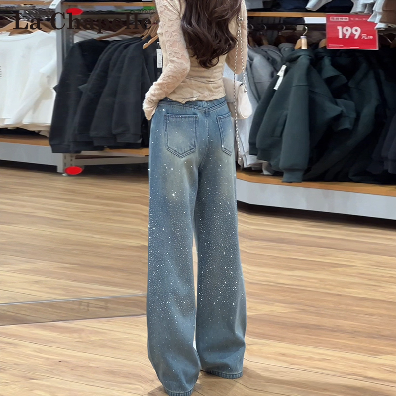 La Chapelle Galaxy Full Rhinestone Straight Leg Jeans for Women 2026 Spring, Autumn, and Winter Shiny High-Waisted Slimming Wide-Leg Pants