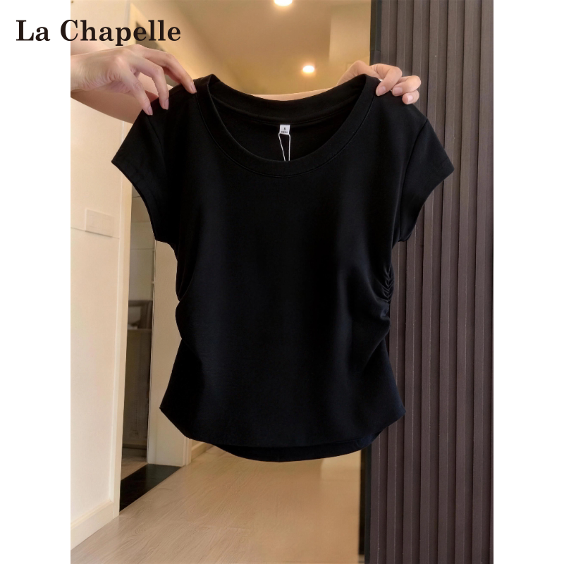La Chapelle Black Round Neck Regular Shoulder Short-Sleeve T-Shirt for Women, Summer Thin Style 2026 New Pleated Waist-Cinching Short Top