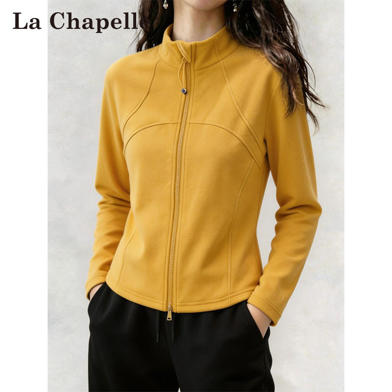 La Chapelle Yellow Half-High Collar Double Zipper Sweatshirt Cardigan Women's Autumn and Winter Jacket Inner Layer Top Coat