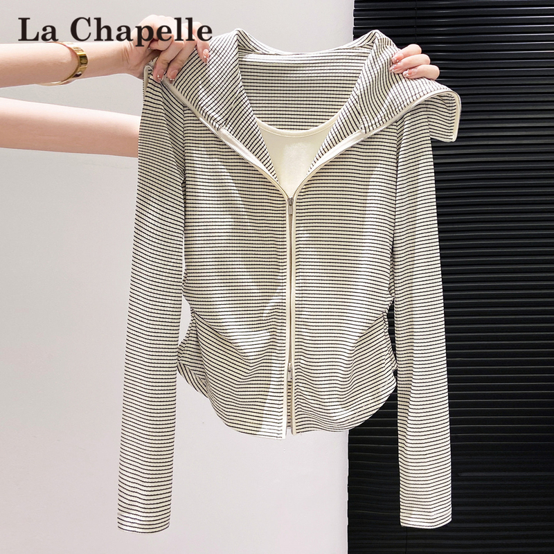 La Chapelle Navy Collar Striped Patchwork Faux Two-Piece Long-Sleeve T-Shirt for Women, Spring Waist-Cinching Slimming Double-Zip Top