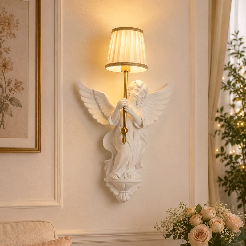 French-Style Wall Lamp, Cream Style, Bedroom Bedside, Living Room Background Decorative Wall Lamp, High-End Creative Angel Art Wall Lamp