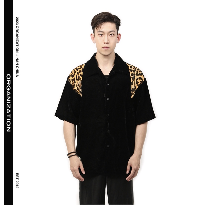Organized Production of Spring and Summer Bowling Shirts with Tiger Print Patchwork, Short Sleeves, Loose Fit, Trendy Casual Silk Velvet for Summer