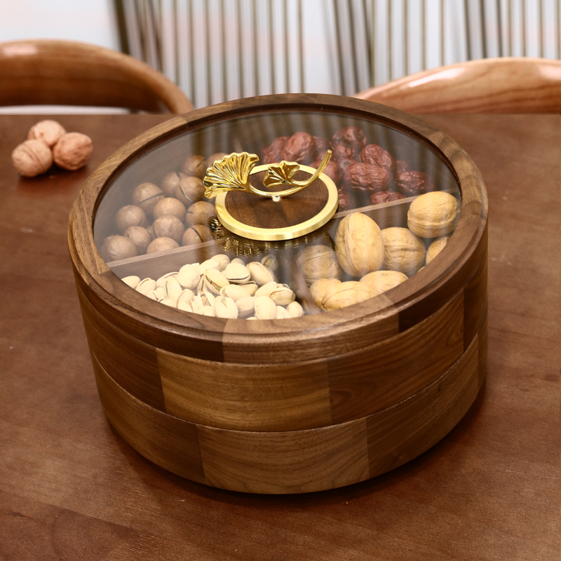Double layer walnut solid wood dried fruit storage box living room coffee table new Chinese candy box home snack melon seed fruit plate