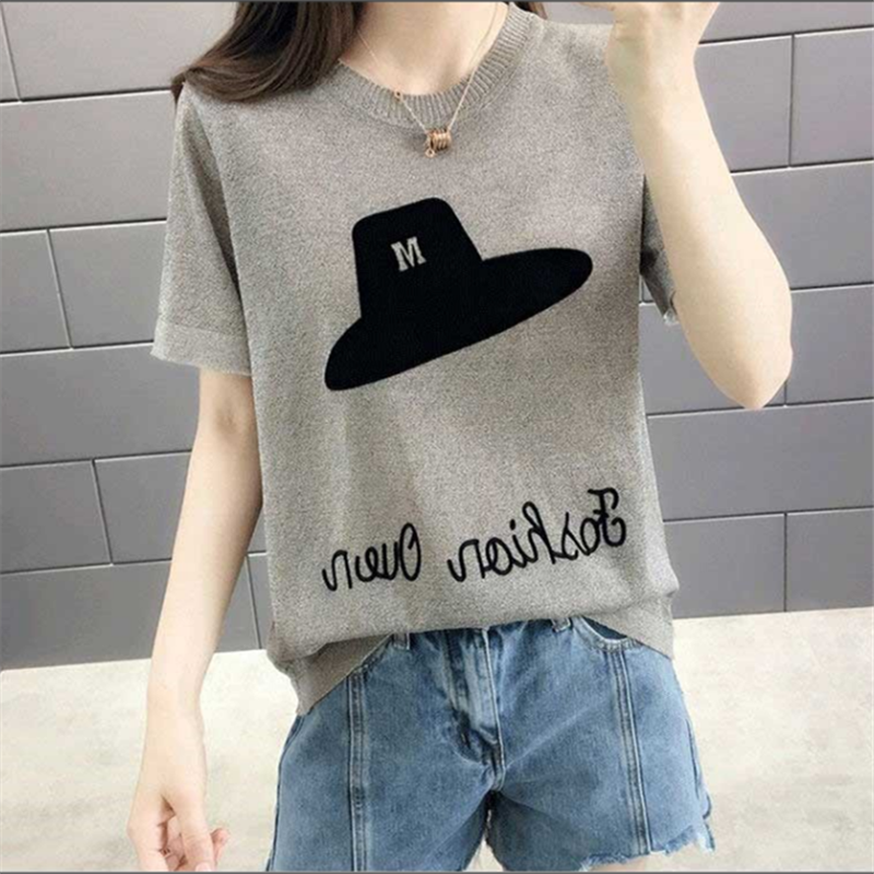 Hong Kong 2022 gray short-sleeved T-shirt women's summer all-match loose ice silk sweater thin ice hemp sunscreen ins top