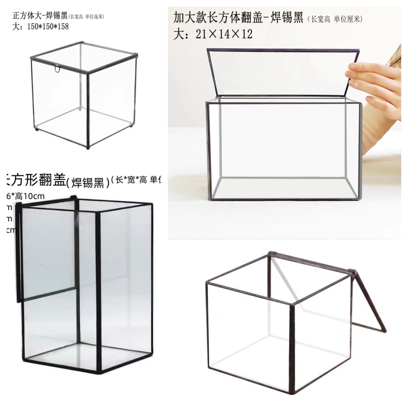 Rectangular Flip-Top Glass Box, Extra Large, Top-Opening, Six-Sided Cut Geometric Glass Flower House, Eternal Flower Container, Flower Pot