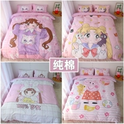 Cartoon Sailor Moon pha lê ba mảnh vải chăn che một gia đình giường Bốn bông cotton - Bộ đồ giường bốn mảnh