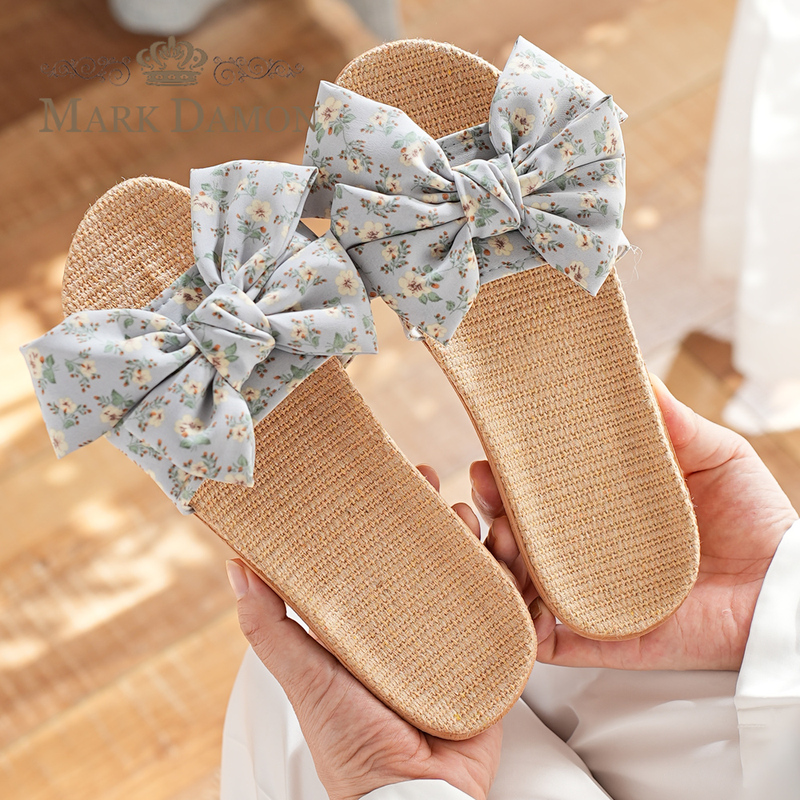 2025 New Style ins Summer Women's Linen Cool Korean Style Bowknot Refreshing Indoor and Outdoor Slippers