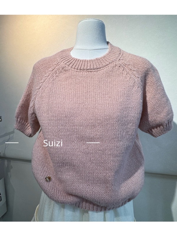 【Suizi】Autumn New Thick-Thread Pink Wool Knit Round Neck Pullover Short-Sleeve Top for Women 【Suizi】Autumn New Thick-Thread Pink Wool Knit Round Neck Pullover Short-Sleeve Top for Women