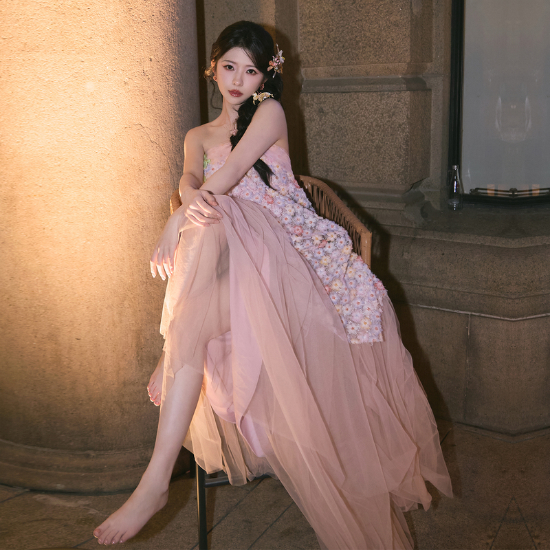 Pink Morning Gown for Women, Super Fairy-Like Strapless Engagement Dress, Floral Heavy-Duty Birthday Banquet Elegant Toast Dress Pink Morning Gown for Women, Super Fairy-Like Strapless Engagement Dress, Floral Heavy-Duty Birthday Banquet Elegant Toast Dress
