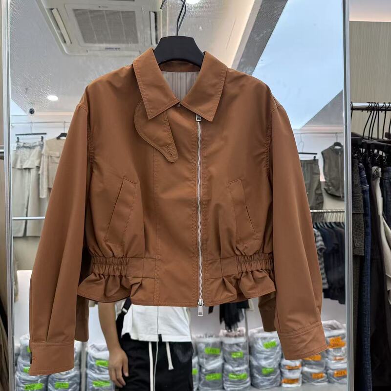 European Station 2026 Autumn New Fashion Lapel Diagonal Zipper Waist-Cinching Ruffle Short Jacket for Women 7019