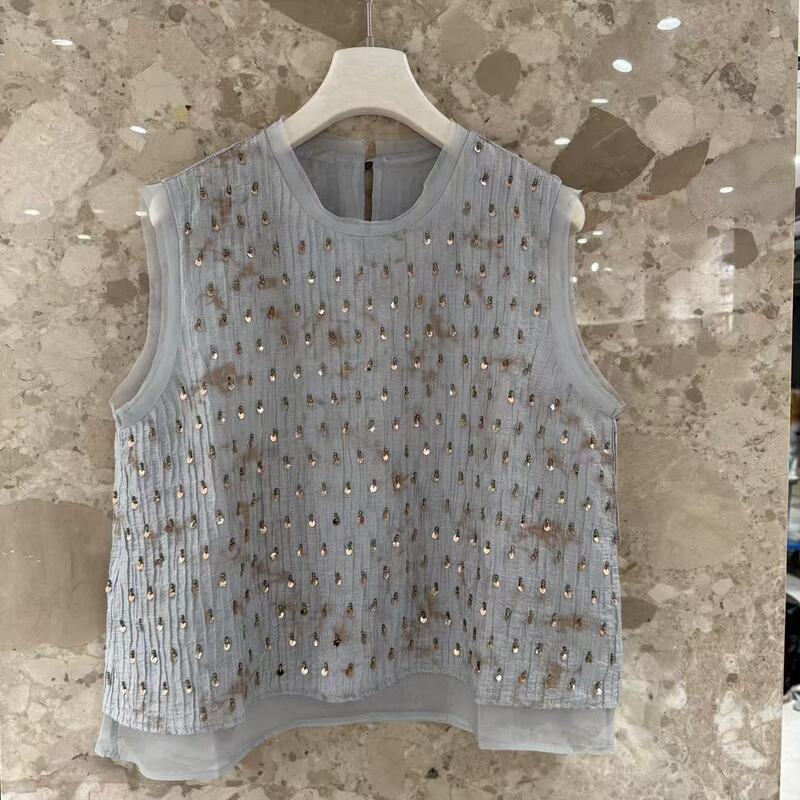 European Station 2026 New European Style Korean Version Round Neck Heavy Sequin Beading Printed Ruched Vest Top 6H-198