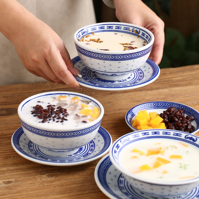 Cantonese-Style Dessert Shop Special Dessert Bowl, Blue and White Porcelain Bowl, Commercial Double-Skin Milk Ceramic Bowl, Ginger Milk Bowl Three-Piece Set