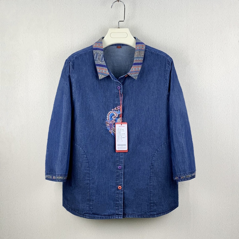 Middle-Aged and Elderly Women's Summer Thin Denim Mid-Sleeve Shirt, Pure Cotton Mother's Clothing, Chinese Style Nine-Quarter Sleeve Shirt, Grandma's Shirt