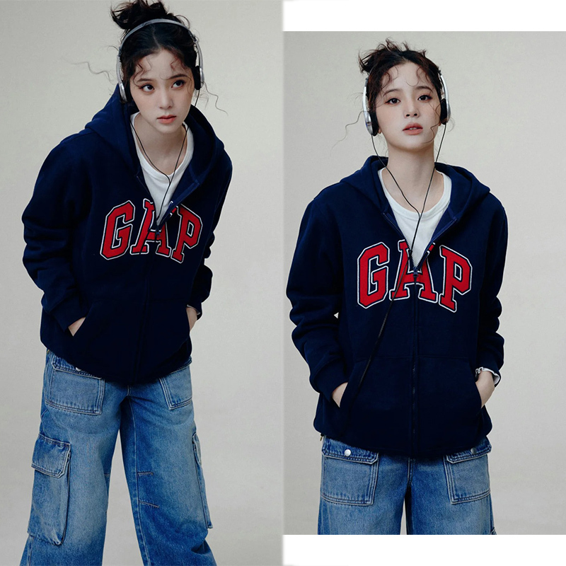 Letter Print Hooded Navy Blue Pure Cotton Cardigan Zipper Autumn and Winter Korean Style Casual Jacket 2026 Long-Sleeved Sweatshirt