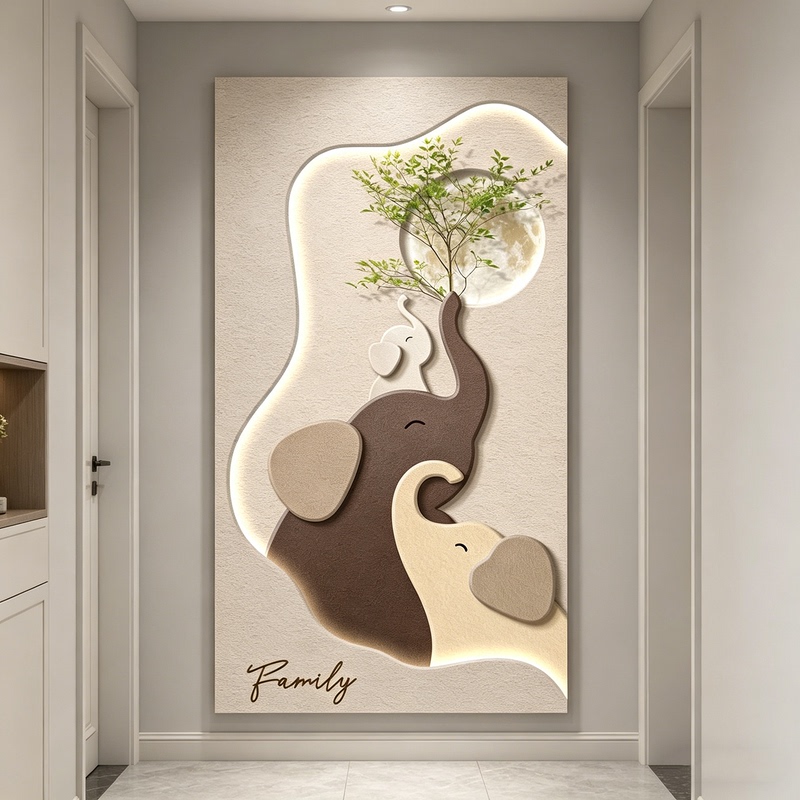 Elephant-Themed Entrance Corridor with Lighted Sandstone Cream-Style Minimalist Modern Decorative Painting and Hydroponic Green Plant Wall Art