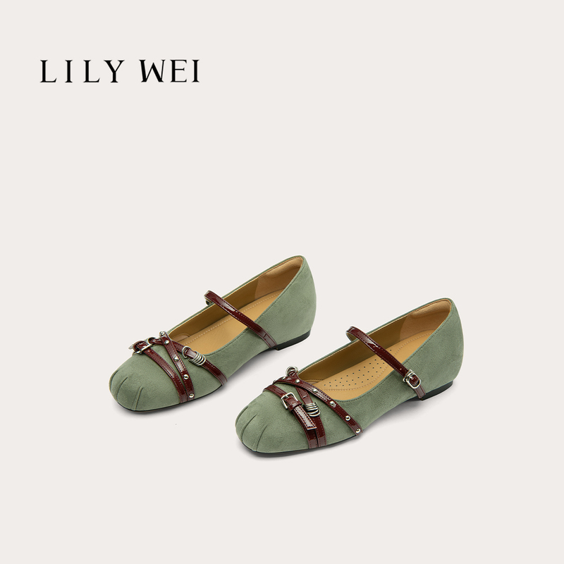 Lily Wei【Qingman】Retro Fluorite Green Color-Block Mary Jane Shoes with Belt Buckle and Hidden Heel for Everyday Wear Lily Wei【Qingman】Retro Fluorite Green Color-Block Mary Jane Shoes with Belt Buckle and Hidden Heel for Everyday Wear