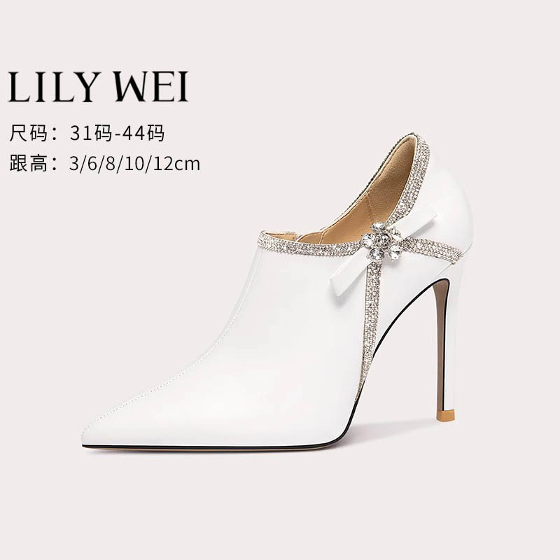 Lily Wei White Deep-Cut Single Shoes 23 Autumn and Winter New Fashion Versatile High-Heeled Boots Large Size 41-43 Ankle Boots