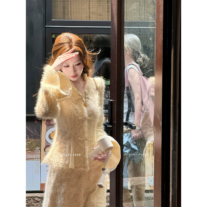 Tinghe【Clouds Embracing the Moon】Spliced 100% Mink Fur Feather Yarn Top and Skirt Women's Autumn Heavy Craft Suit Tinghe【Clouds Embracing the Moon】Spliced 100% Mink Fur Feather Yarn Top and Skirt Women's Autumn Heavy Craft Suit