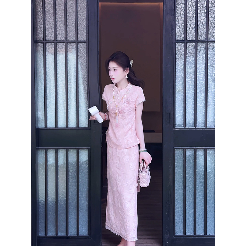 Tinghe【As You Wish】New Chinese-Style Custom-Dyed Cutwork Embroidery Set for Women, Summer New National Style Top and Skirt