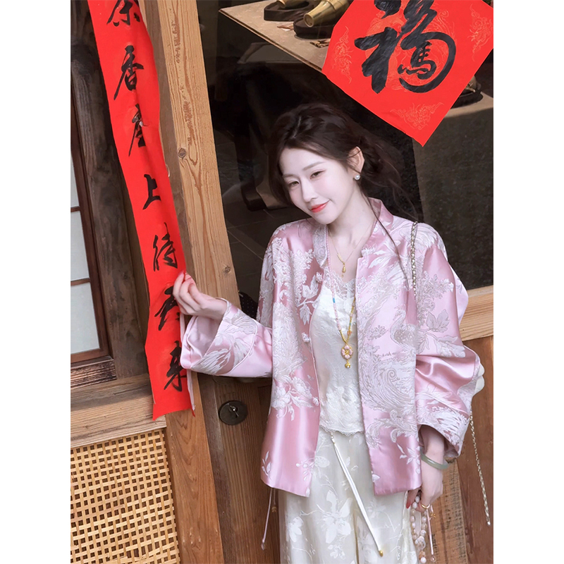 Tinghe【Bird Shadow and Fluttering Wings】Yang Mi Style New Chinese-Style Peacock Song Brocade Jacquard Jacket for Women, Spring New Top