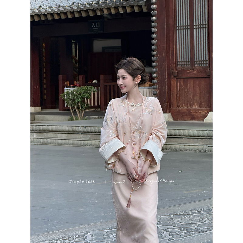 Tinghe【A Lifetime of Elegance】New Chinese Style Silk Velvet Beaded Embroidery Jacket and Skirt Set for Women, Autumn National Style Heavy Craft Suit Tinghe【A Lifetime of Elegance】New Chinese Style Silk Velvet Beaded Embroidery Jacket and Skirt Set for Women, Autumn National Style Heavy Craft Suit