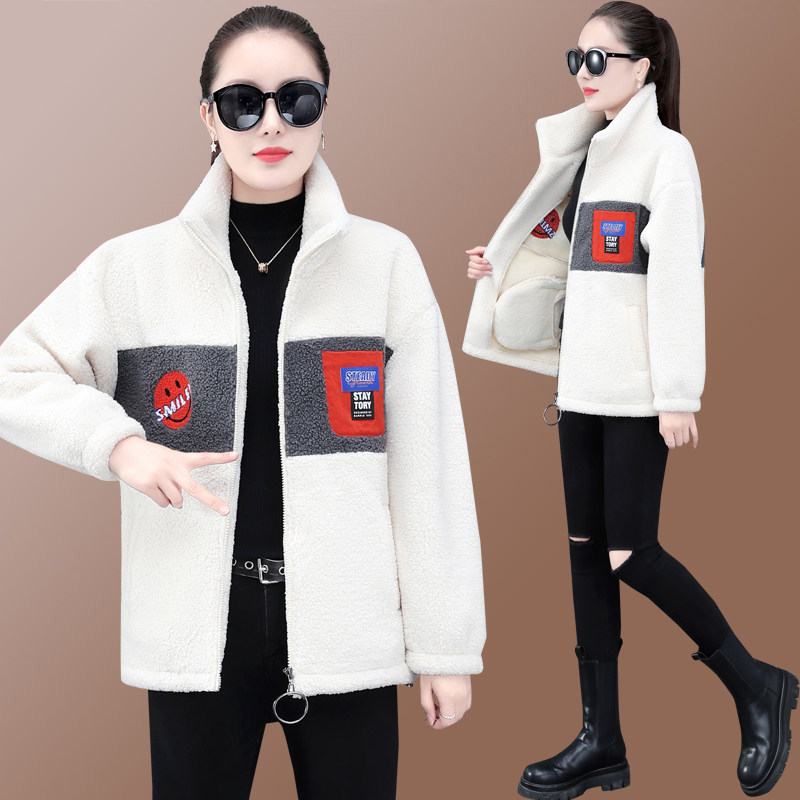 BBQ jacket women's autumn and winter all-match 2022 new velvet cardigan color-blocking cloth paste Western style thickened lamb velvet thick cotton