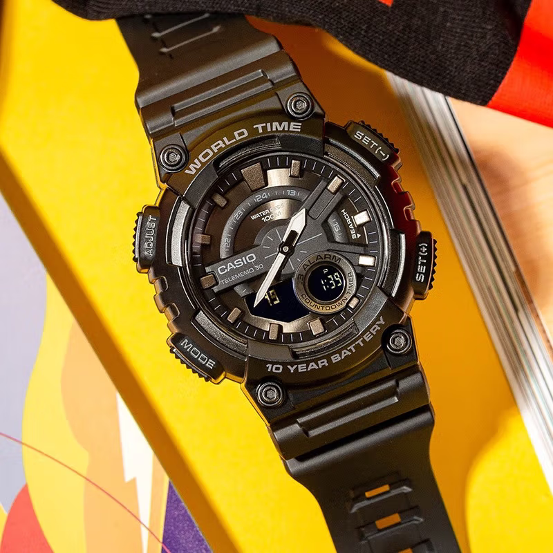 Casio Watch for Male Students, Classic Retro Casio Black Warrior Sports Waterproof Watch Aeq-110W-1B