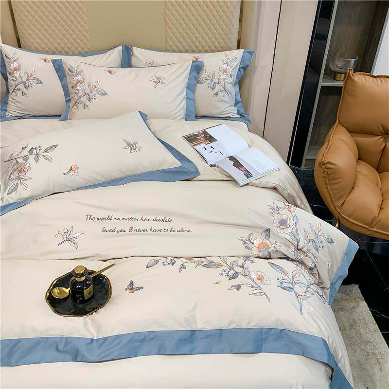 High end 100 long suede cotton beds 4 pieces of pure cotton all-cotton embroidered gonsatin quilt cover sheet simple wind bed product 4