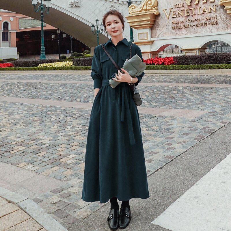 Red skirt women's spring new super long waist long sleeve shirt dress temperament retro interior dress tide