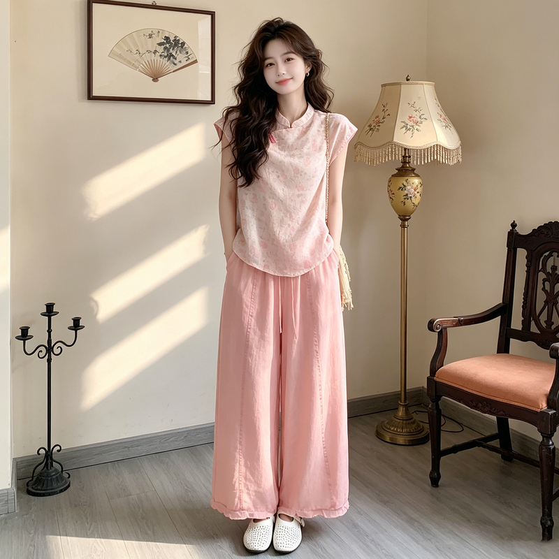 Pink New Chinese-Style Floral Top and Wide-Leg Pants Set for Women, Summer New Lazy Style Casual Two-Piece Trendy Outfit