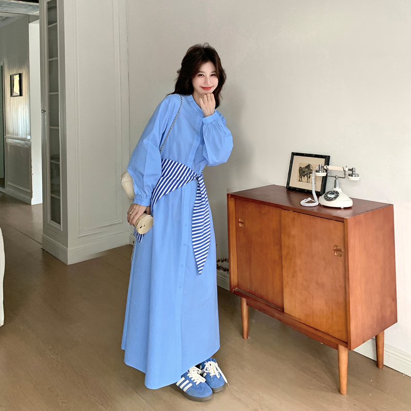 Blue Striped Shawl Shirt Dress for Women 2026 Spring New Korean Chic Loose Casual Ankle-Length Dress