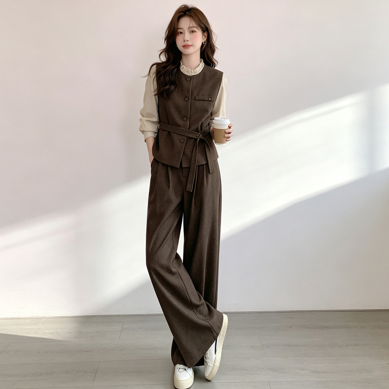 Coffee-Colored Ruffled Shirt, Blazer, and Vest Set for Women, New Autumn Style, Elegant Retro Temperament, Wide-Leg Pants Three-Piece Set Coffee-Colored Ruffled Shirt, Blazer, and Vest Set for Women, New Autumn Style, Elegant Retro Temperament, Wide-Leg Pants Three-Piece Set
