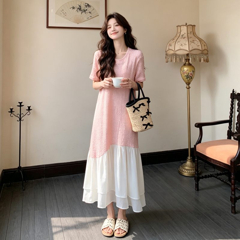 Pink Color-Blocking Textured Dress for Women, New Summer Style, French Loose-Fitting Sweet and Elegant Long Dress for Petite Figures Pink Color-Blocking Textured Dress for Women, New Summer Style, French Loose-Fitting Sweet and Elegant Long Dress for Petite Figures