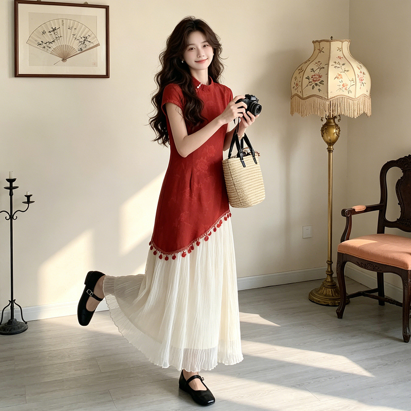 New Chinese-Style Red Patchwork Tassel Qipao Dress for Women, Summer New Model with a High-End Feel, Faux Two-Piece Elegant Long Dress Trend New Chinese-Style Red Patchwork Tassel Qipao Dress for Women, Summer New Model with a High-End Feel, Faux Two-Piece Elegant Long Dress Trend
