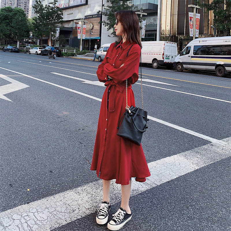 Red shirt dress women's spring and autumn 2022 new French retro skirt waist slim temperament fishtail long skirt