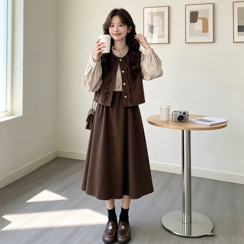 French-Style Retro Ruffled Vest Dress Set for Women, New Autumn College Style Versatile Two-Piece Set for Petite Figures