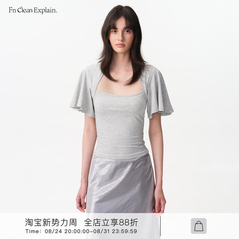 Fn Clean Explain Elegant Cape-Style Short-Sleeve T-Shirt for Women, Fashionable, Slim-Fitting, Skin-Friendly Design Top