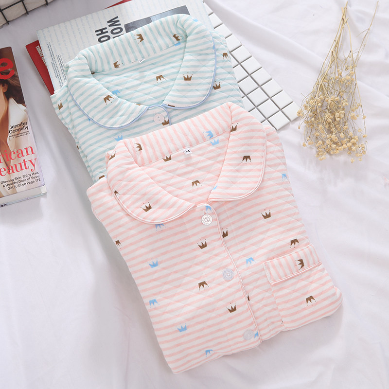 Japanese pajamas autumn women cotton long-sleeved thickened padded air layer fresh stripe casual loose home wear set