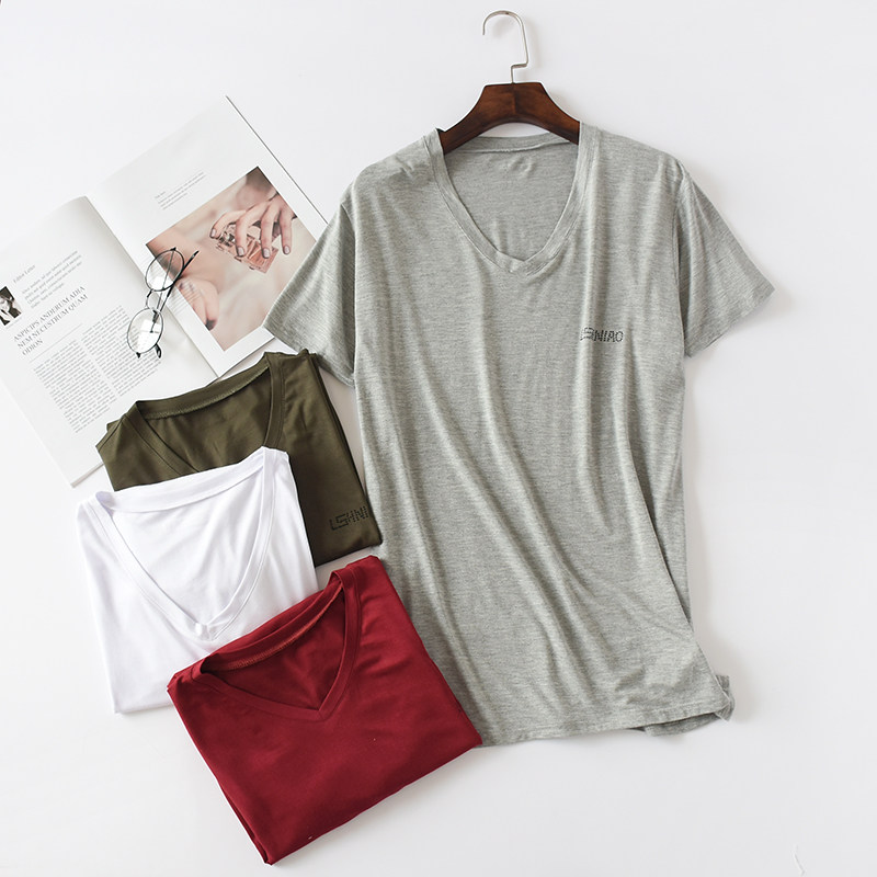 Boutique men's Modale T-shirt slim loot casual short sleeve youth V collar pure color can't afford to play undershirt T-shirt