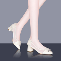 Breathable mesh single shoes womens coarse heel shallow mouth summer thin leather shoes 2021 new summer fashion high heel ladyshoes