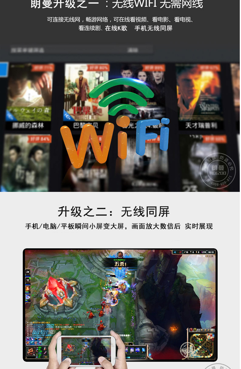 Máy chiếu 3D thông minh Dạy văn phòng tại nhà Không dây wifi điện thoại di động HD led máy chiếu 1080p với màn hình ROOVA Longman HD1200