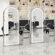  Double-sided stainless steel barber shop full-body mirror Hair salon special thickening hair salon floor-to-ceiling hair cutting mirror with lamp