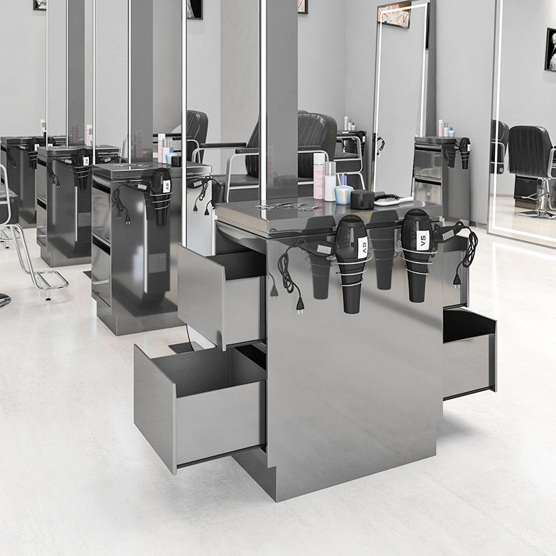 Stainless Steel Double-sided Hairdressing Mirror Table Cabinet Shelve Barrack Dressers Tool Cabinet Hair Salon Special Tool Table Containing Cabinet