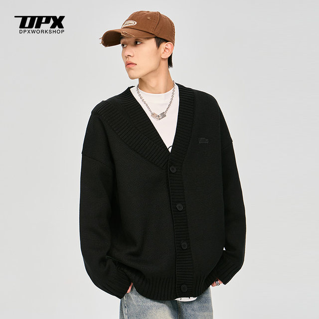 DPX trendy autumn and winter solid color 890g heavy design double collar cardigan sweater men's loose casual sweater jacket